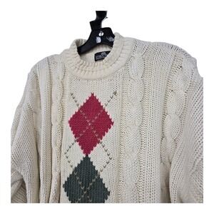 Vintage 90s Y2K Argyle Cable Knit Sweater Womens LG Ramie Cotton Preppy Academia